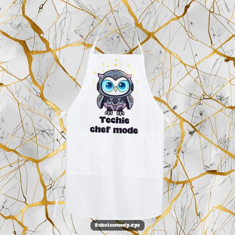 Funny chef robot owl apron with glowing eyes observing digital stars, perfect for tech-savvy cooks.