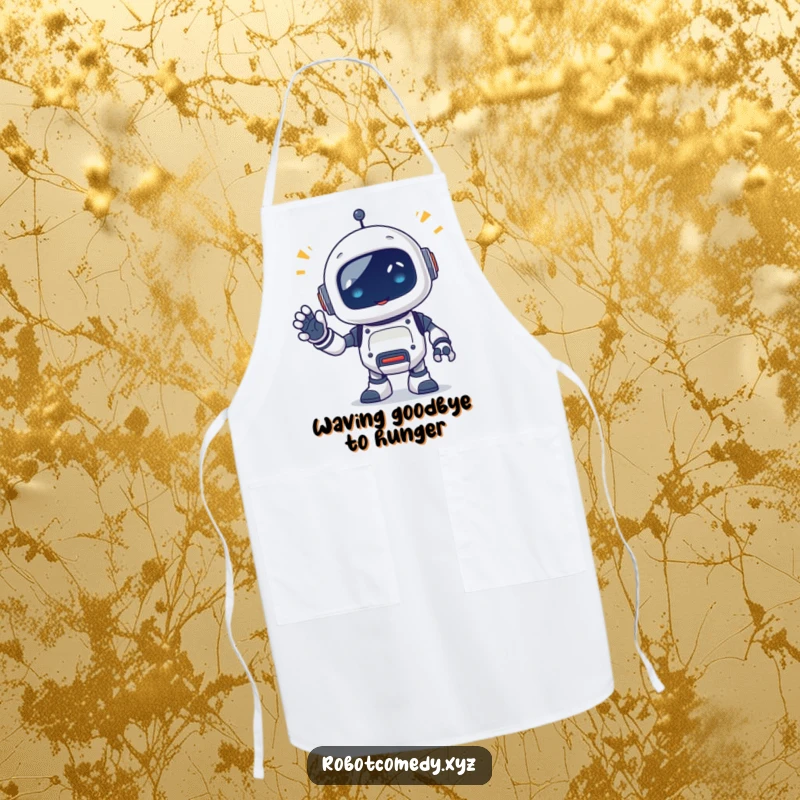 Funny apron with a little robot critter emitting happy beeps, waving a segmented appendage, perfect for cooks who appreciate cheerful robotic help.