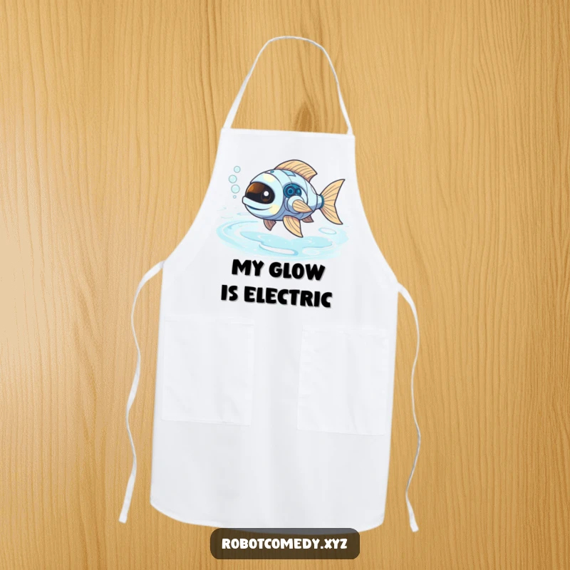 Funny robot fish with bubbly exhaust exploring a liquid light river, a humorous and practical apron.