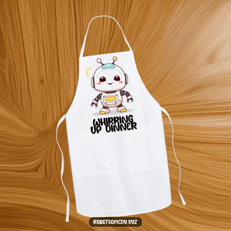 Funny apron with a cute robot creature spinning its antenna, its light blinking, perfect for cooks who love a cheerful tech theme.