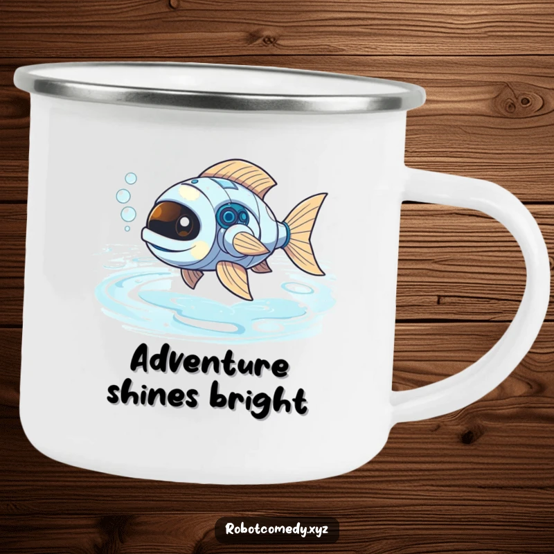 Funny robot fish with bubbly exhaust swimming through a liquid light river, a durable and humorous camping mug.