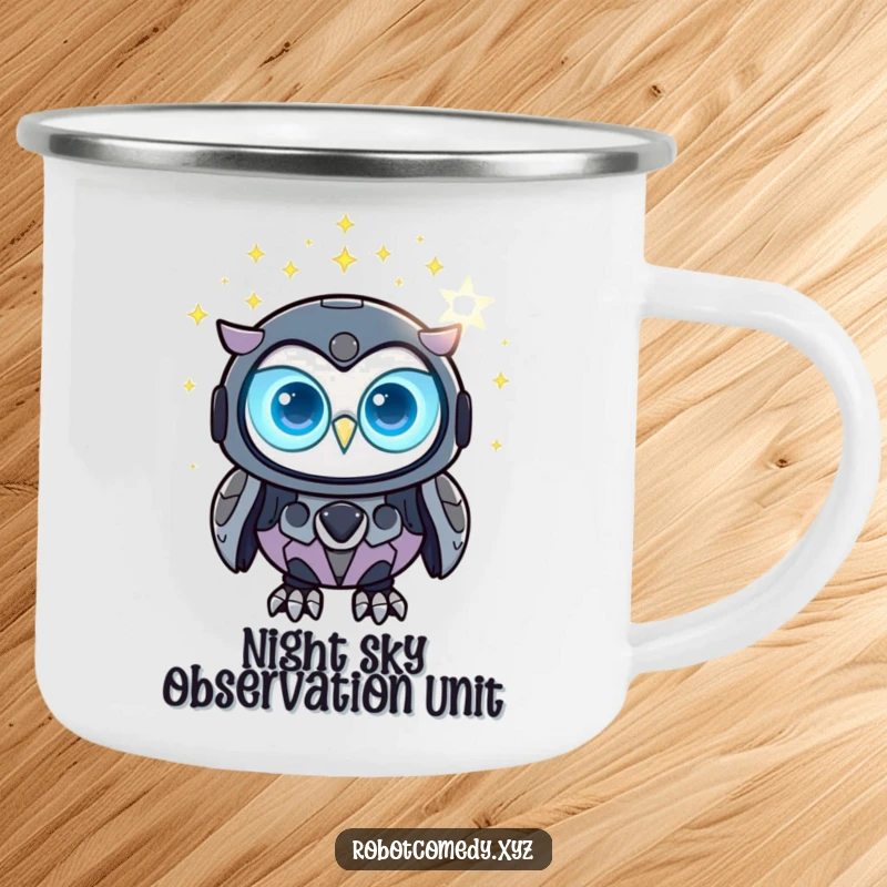 Funny robot owl camping mug with glowing eyes observing digital stars, durable and portable.