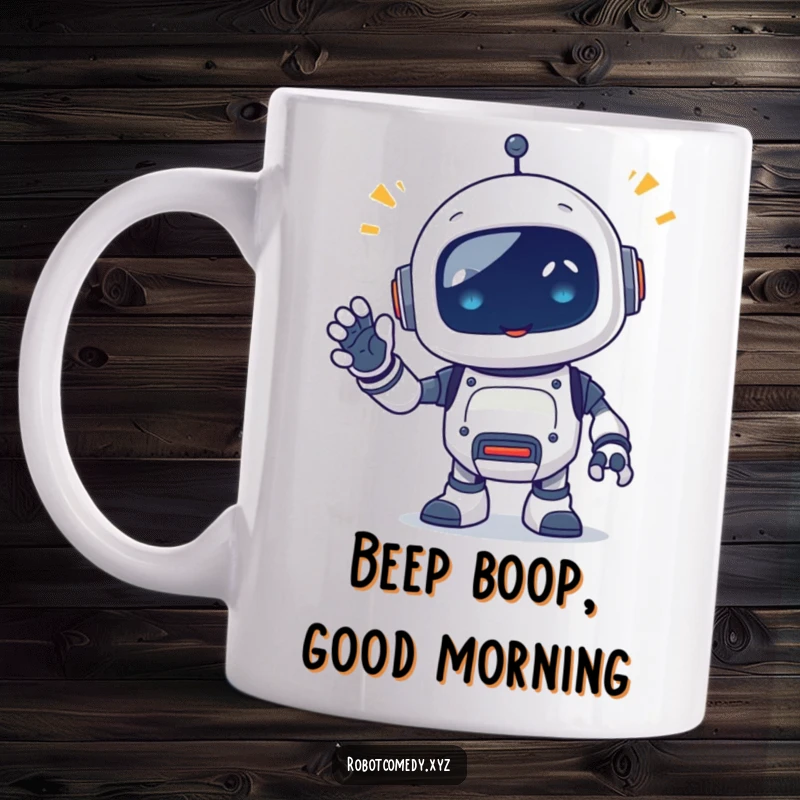 Funny mug with a little robot critter emitting happy beeps, waving a segmented appendage, symbolizing friendly greetings and robotic cheer.