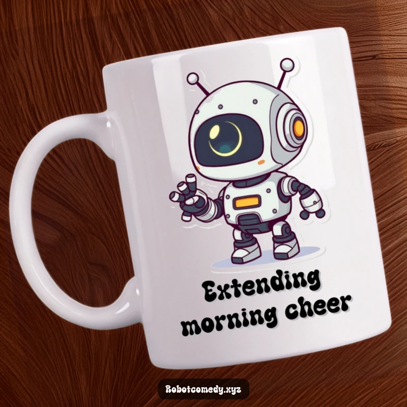 Funny mug featuring a playful robot character extending its robotic arm, its small eye glowing, offering a friendly, futuristic greeting.