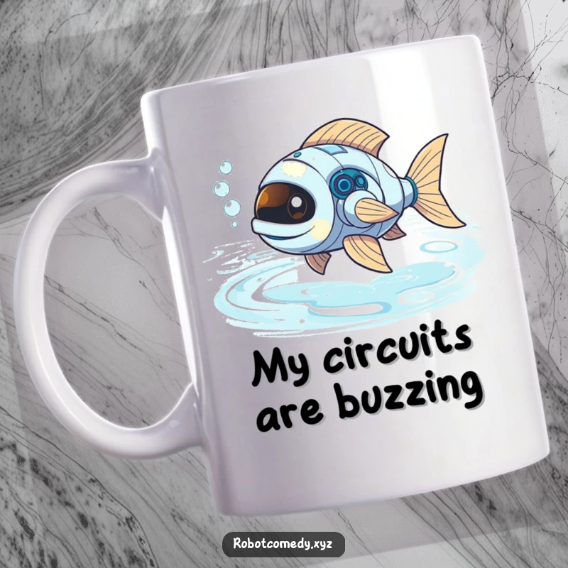 Funny robot fish with bubbly exhaust swimming in glowing liquid light, a whimsical and humorous mug design.
