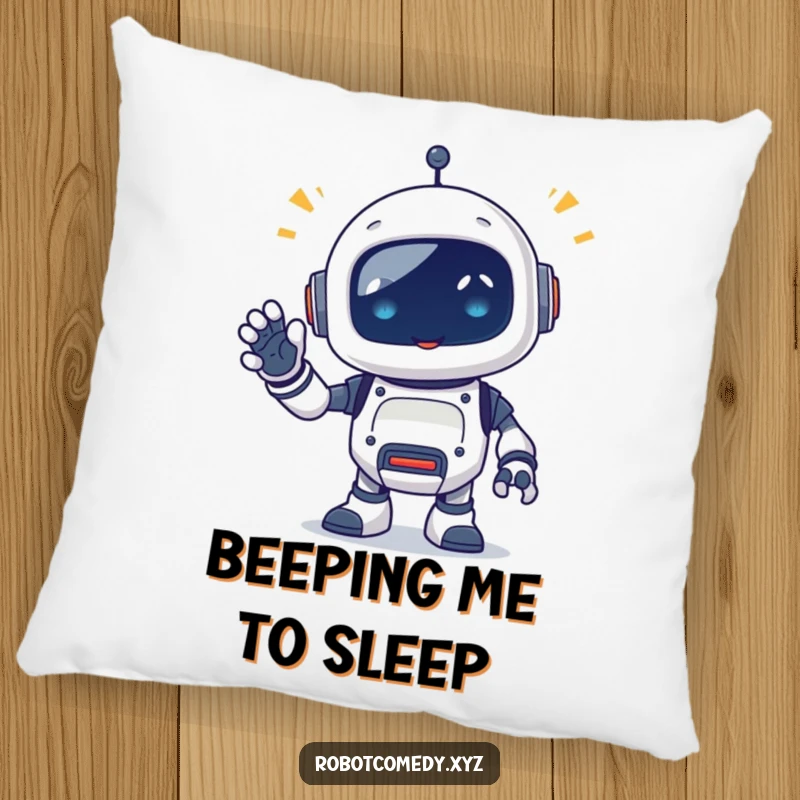 Funny pillow featuring a little robot critter emitting happy beeps, waving a segmented appendage, offering a soft and humorous accent for comfort.