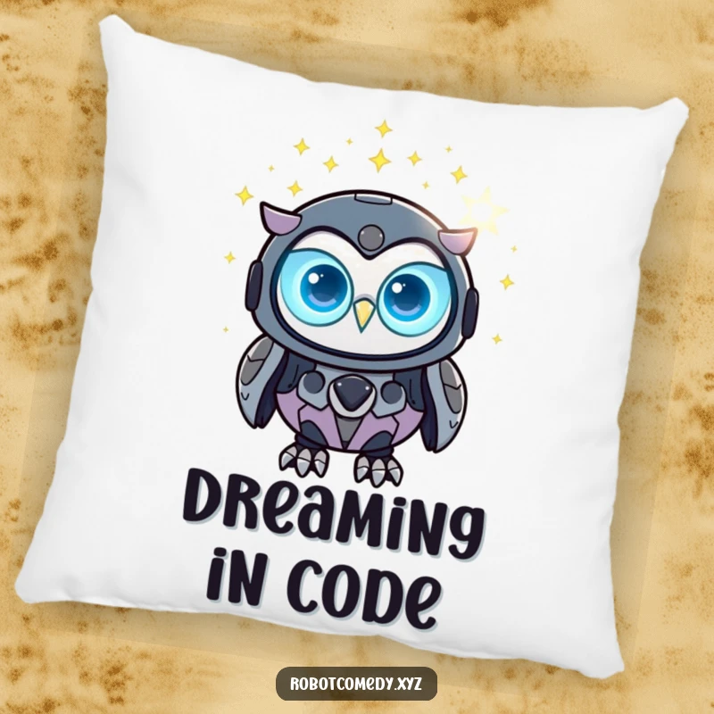 Funny robot owl pillow with glowing eyes observing digital stars, soft and decorative.