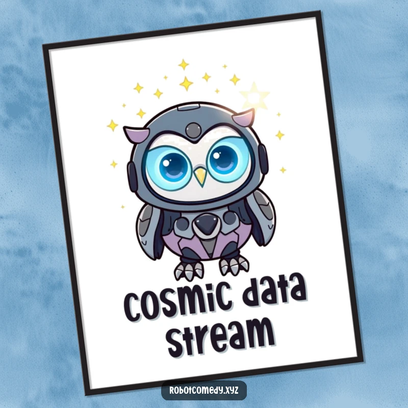 Funny robot owl digital art print of a glowing robot owl observing a constellation of digital stars.