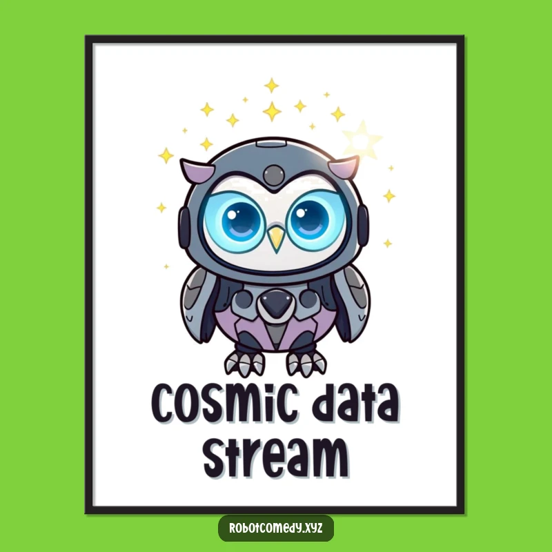 Funny Robot Owl Digital Print - Glowing Tech Stars Wall Art