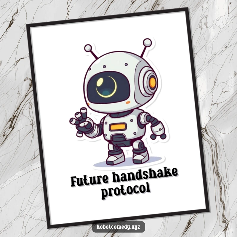 Funny digital art print of a playful robot character extending its robotic arm, its small eye glowing, perfect for adding futuristic, friendly decor.