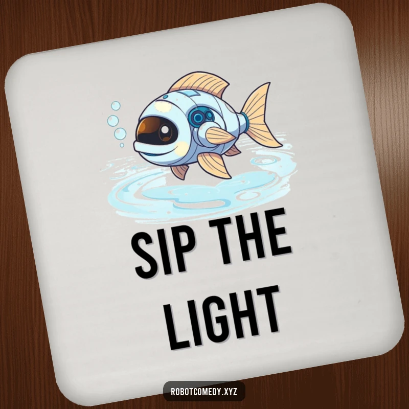 Funny robot fish with bubbly exhaust swimming in liquid light, a set of humorous drink coasters.
