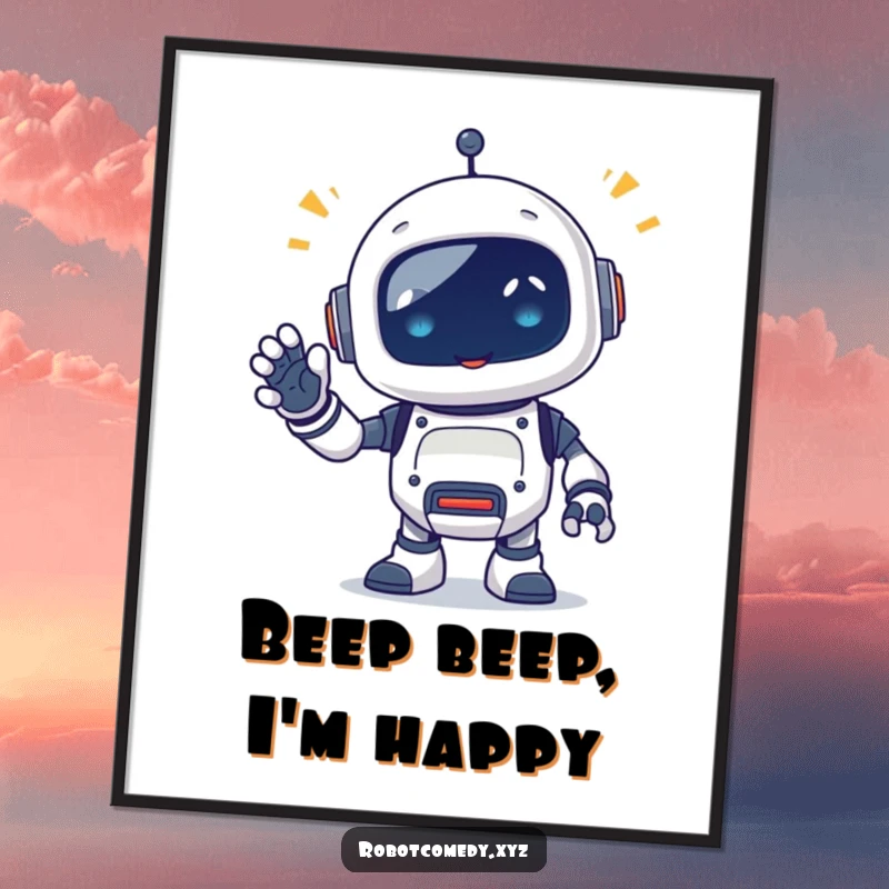 Funny poster of a little robot critter emitting happy beeps, waving a segmented appendage, ideal for adding a touch of futuristic, whimsical art.