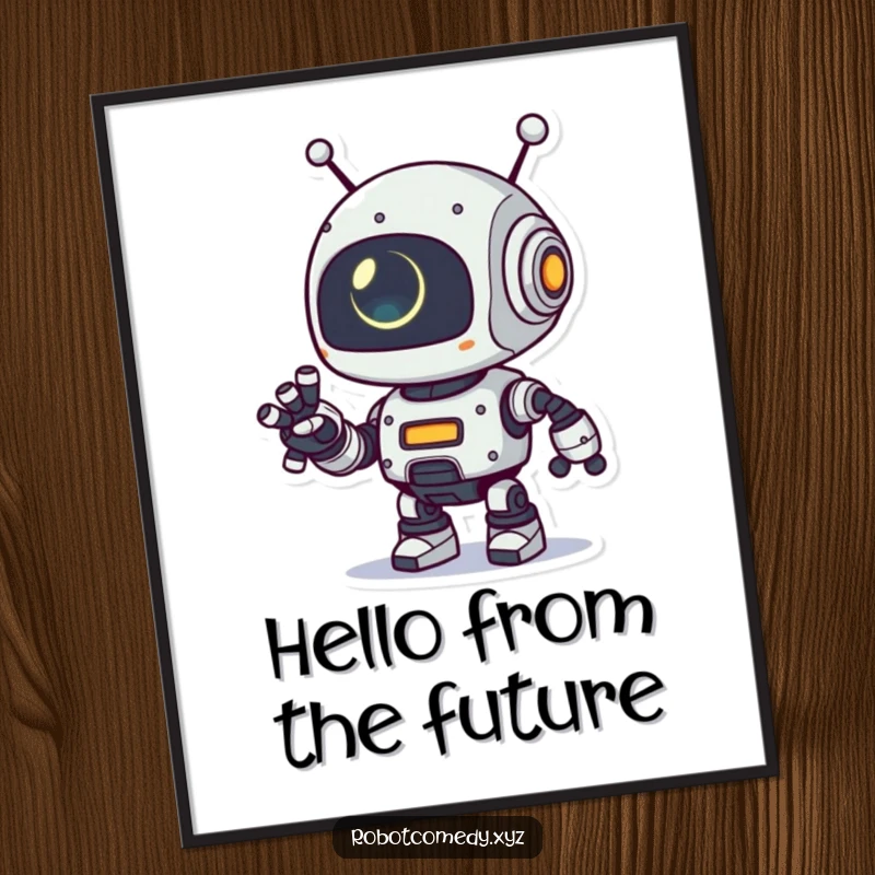 Funny poster of a playful robot character extending its robotic arm, its small eye glowing, ideal for adding a touch of futuristic, whimsical art.