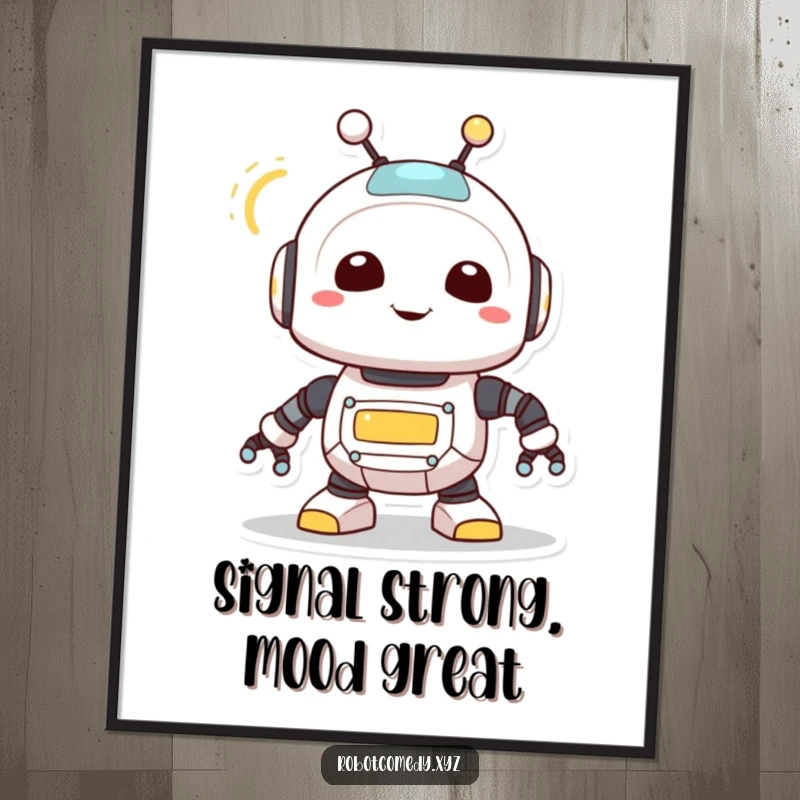 Funny poster of a cute robot creature joyfully spinning its antenna, its light blinking, ideal for adding a touch of whimsical tech art.
