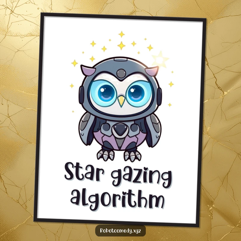 Funny robot owl poster of a glowing robot owl observing a constellation of digital stars, futuristic decor.