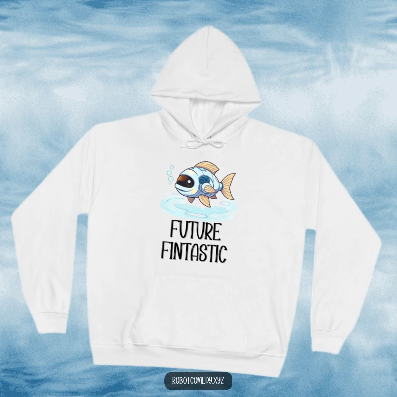Funny robot fish with bubbly exhaust exploring a radiant river of liquid light, a cozy hoodie for fans.