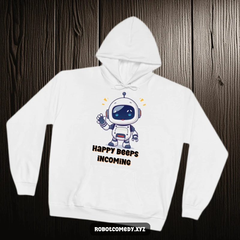Funny hoodie with a little robot critter emitting happy beeps, waving a segmented appendage, offering warmth and a touch of robotic friendliness.