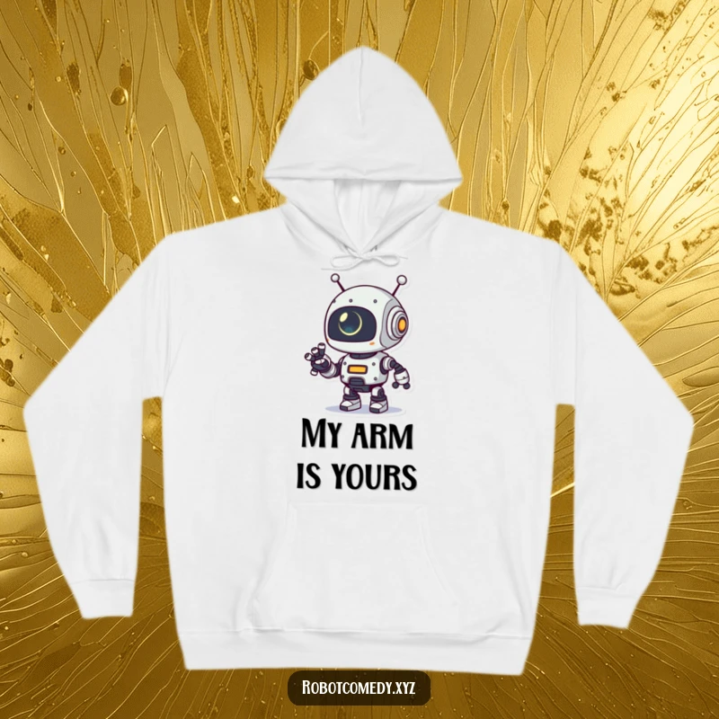 Funny hoodie with a playful robot character extending its robotic arm, its small eye glowing, offering warmth and a touch of futuristic friendship.