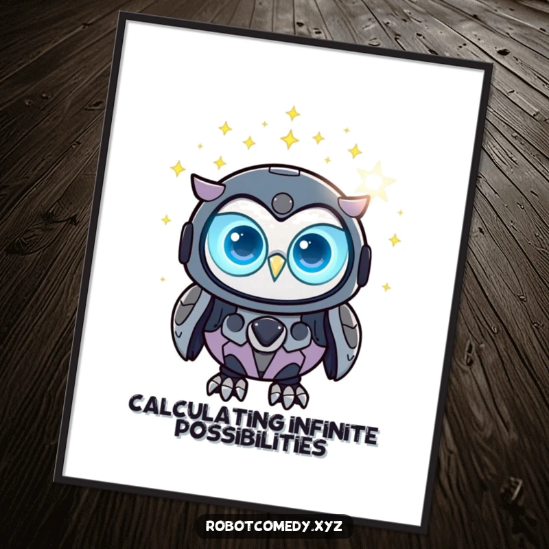 Funny Free Printable Wall Art: A round robot owl with glowing eyes observes a constellation of digital stars, cosmic decor.