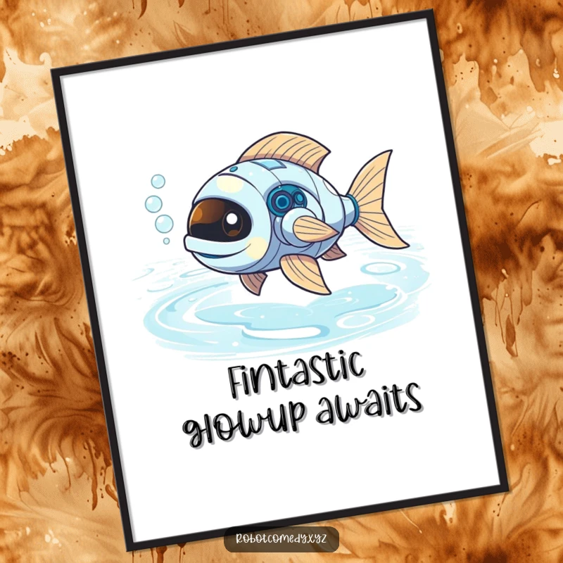 Funny Free Printable Wall Art: Whimsical robot fish with bubbly exhaust, exploring a river of liquid light, a delightful digital download.