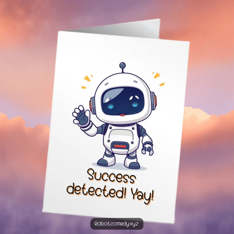 Funny Free Printable Congratulations Card: Little robot critter emits happy beeps and waves a segmented appendage, celebrating success.
