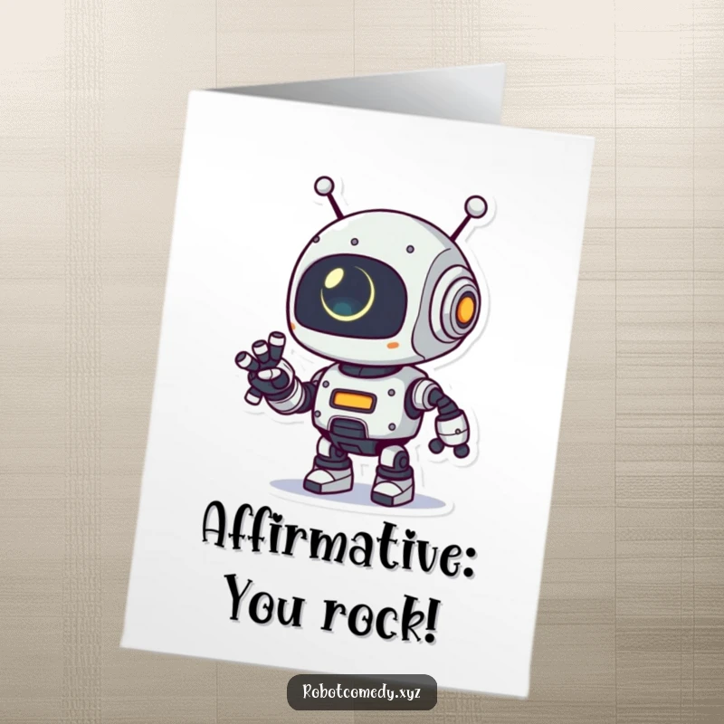 Funny Free Printable Congratulations Card: Playful robot with a glowing eye extends its robotic arm, celebrating an accomplishment.