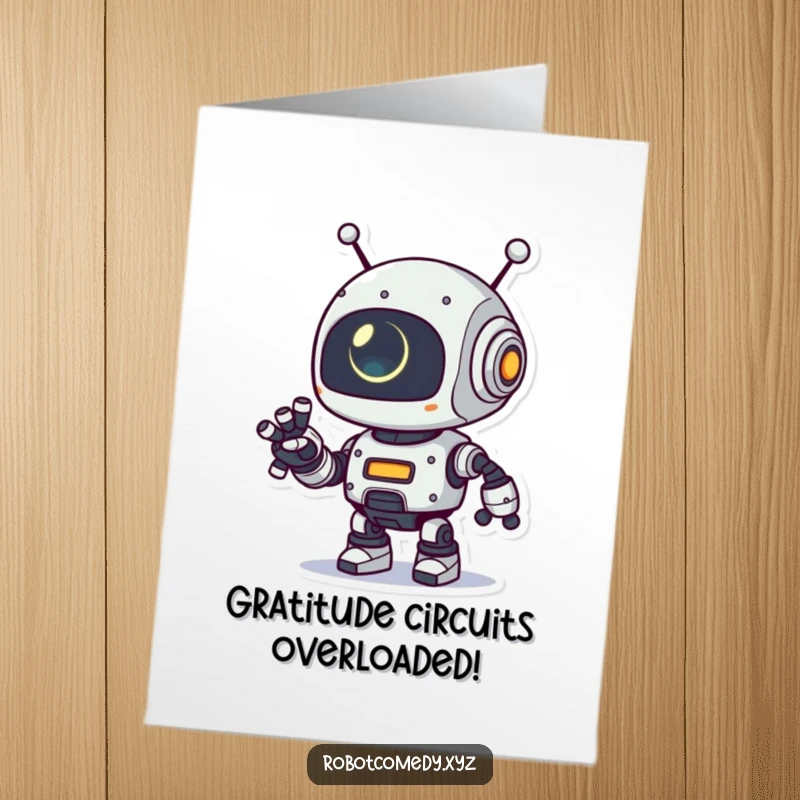 Funny Free Printable Thank You Card: Playful robot with a glowing eye extends its robotic arm, saying thank you.