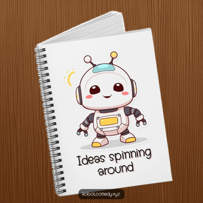 Funny notebook featuring a cute robot creature spinning its antenna, its light blinking, designed for jotting down ideas with a joyful tech theme.