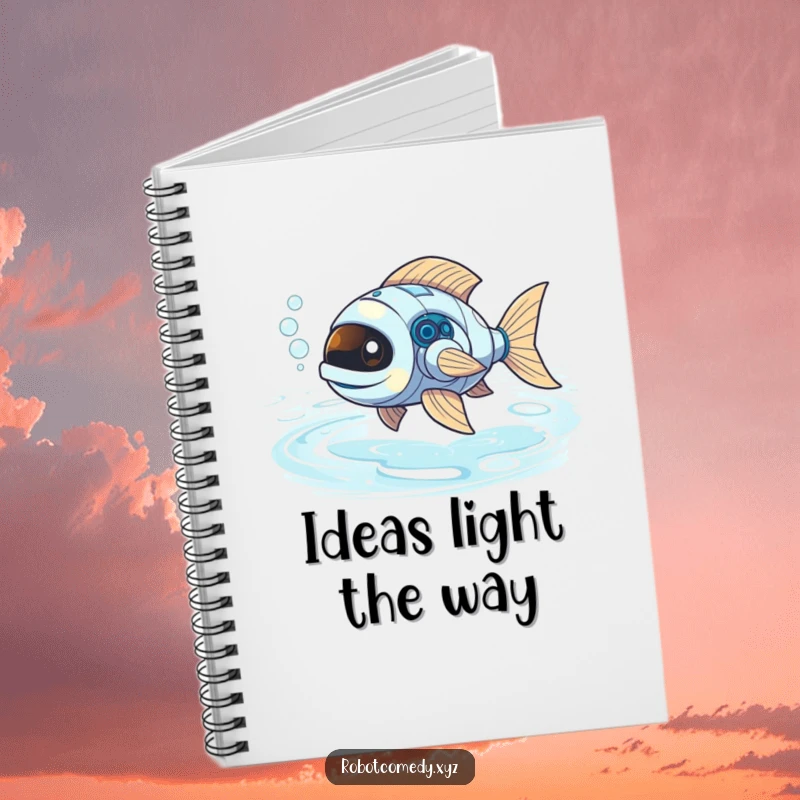Funny robot fish with bubbly exhaust swimming through liquid light, a creative and humorous notebook.