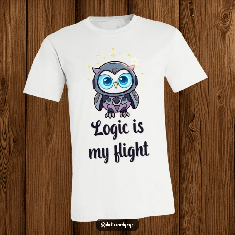 Funny robot owl t-shirt with glowing eyes observing a digital star constellation, perfect for tech lovers.