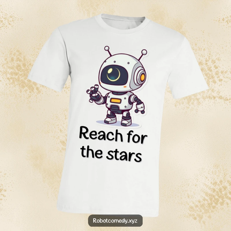 Funny t-shirt with a playful robot character extending its robotic arm, its small eye glowing, symbolizing connection and friendly interaction.