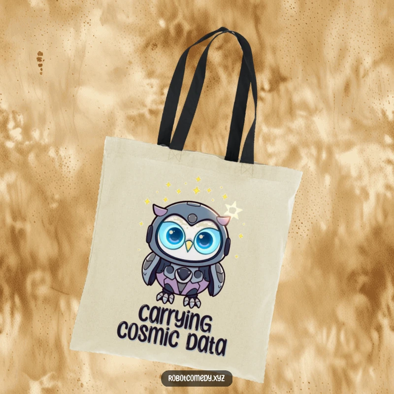 Funny robot owl tote bag with glowing eyes observing a digital star constellation, perfect for carrying gadgets.