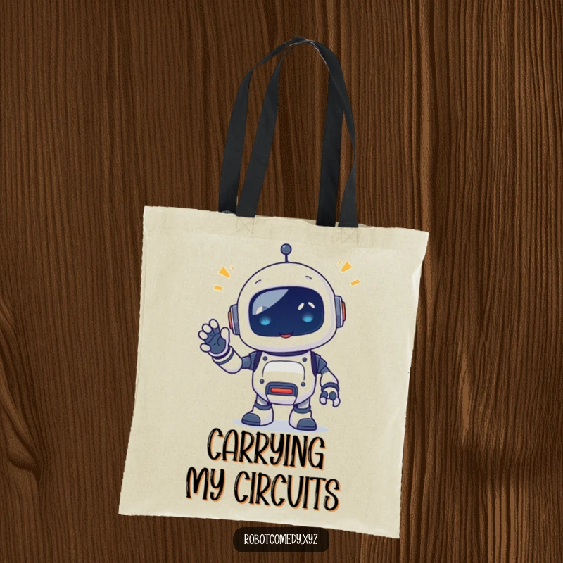 Funny tote bag with a little robot critter emitting happy beeps, waving a segmented appendage, perfect for carrying items with a cheerful, friendly tech theme.