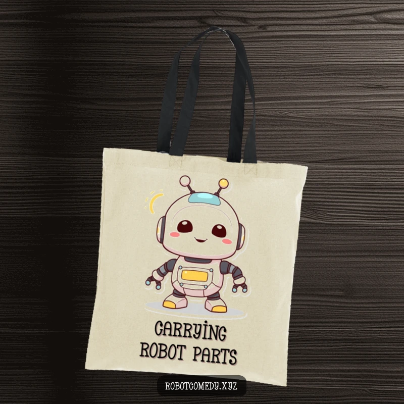 Funny tote bag with a cute robot creature joyfully spinning its antenna, its light blinking, perfect for carrying items with a cheerful tech theme.
