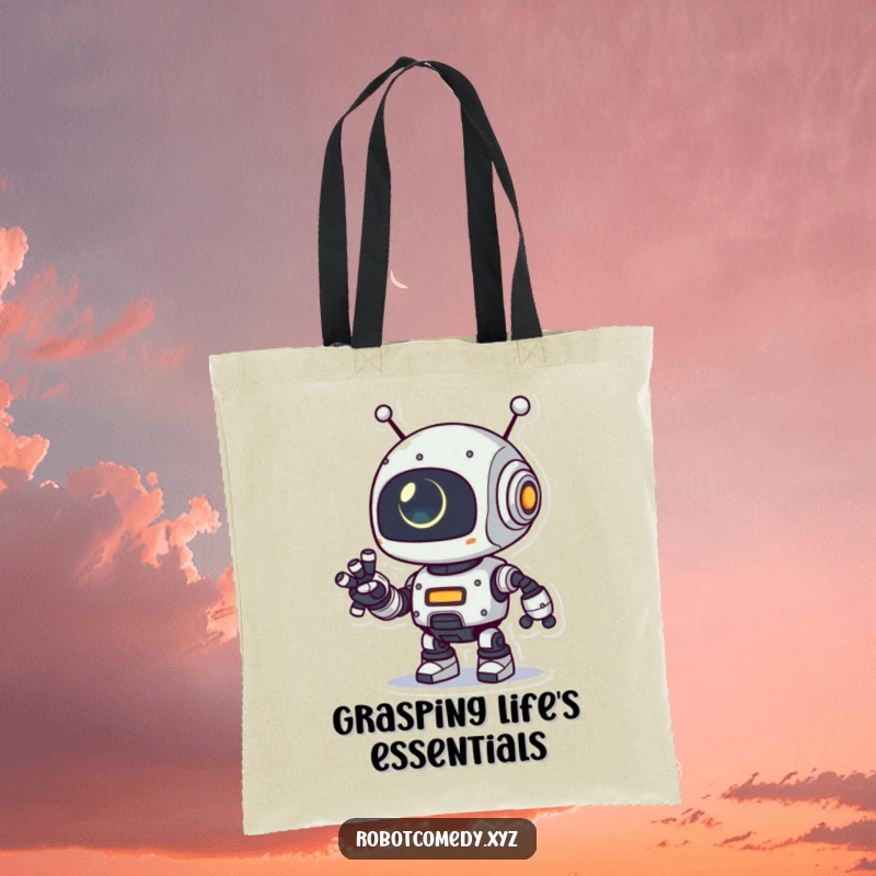 Funny tote bag with a playful robot character extending its robotic arm, its small eye glowing, perfect for carrying items with a futuristic, helpful theme.