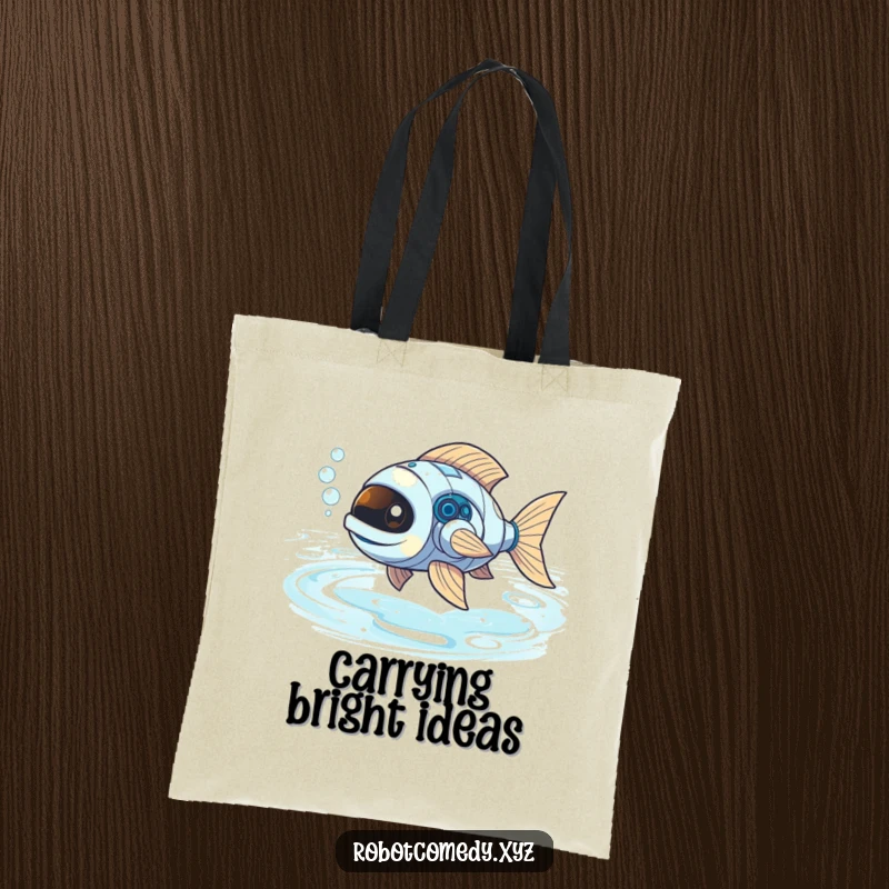 Funny robot fish with bubbly exhaust swimming through a liquid light river, a practical and humorous tote bag.